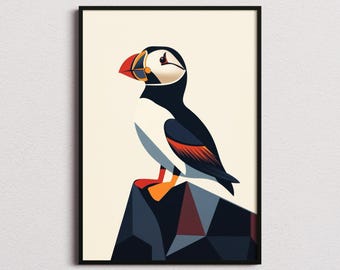 May include: A framed wall art print featuring a stylized puffin with a black, white, and orange beak, black and white plumage, and orange feet, perched on a geometric rock formation composed of dark blue, grey, and maroon triangular shapes.