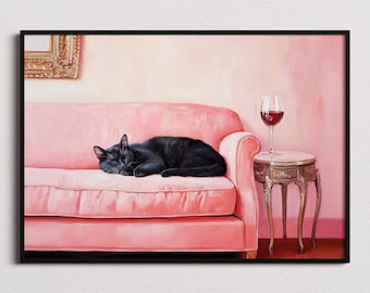 Zwarte kat met wijn olieverfschilderij, cadeau kattenliefhebbers, kattenprint, kattenkunst, wijnprint, woonkamerdecor, schattige kat, grappige kat
