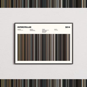Puede incluir: Un póster de película rectangular enmarcado para Interstellar, fechado en 2014. El diseño presenta un fondo blanco con texto negro que enumera al director, escritores, elenco y compositor, sobre una banda horizontal ancha de rayas verticales de colores.