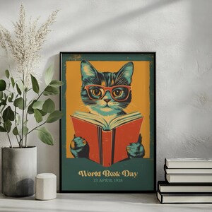 Vintage Cat World Book Day Print, Cute Cat Art, Cat Prints, Cat Poster, Bookworm Gifts, Book Prints, Book Lover Gift