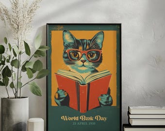Vintage Cat World Book Day Print, Cute Cat Art, Cat Prints, Cat Poster, Bookworm Gifts, Book Prints, Book Lover Gift