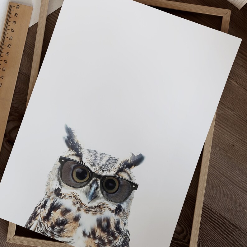 May include: A brown and gray owl wearing black framed glasses. The owl is looking to the left of the image.