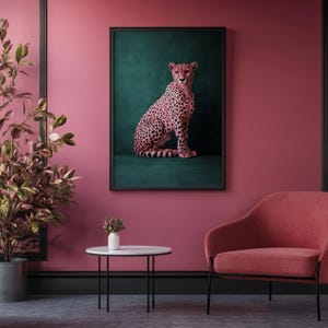 Pink Cheetah Print, Contemporary Wall Art, Maximalist Decor, Chic Art, Dark Green Wall Art, Cheetah Art