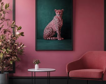 Pink Cheetah Print, Contemporary Wall Art, Maximalist Decor, Chic Art, Dark Green Wall Art, Cheetah Art