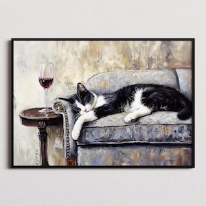 May include: An oil painting depicting a black and white cat sleeping on a blue upholstered sofa. Next to the sofa stands a small round wooden side table holding a stemmed glass filled with red wine. The background features a textured cream wall.