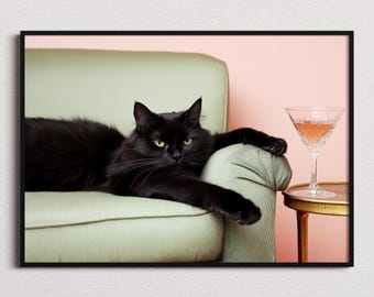 Cat With Martini Print, Cat Lovers Gift, Cat Print, Cat Art, Cocktail Print, Bar Decor, Living Room Decor, Cute Cat, Funny Cat