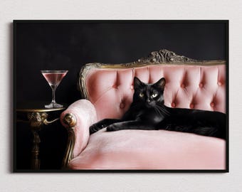 Cat With Martini Print, Cat Lovers Gift, Cat Print, Cat Art, Cocktail Print, Bar Decor, Living Room Decor, Cute Cat, Funny Cat