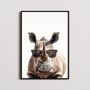Impresión de rinoceronte con gafas de sol, impresión de rinoceronte, póster de rinoceronte, impresión divertida de rinoceronte, arte de rinoceronte, arte para dormitorio infantil, impresión divertida de animal