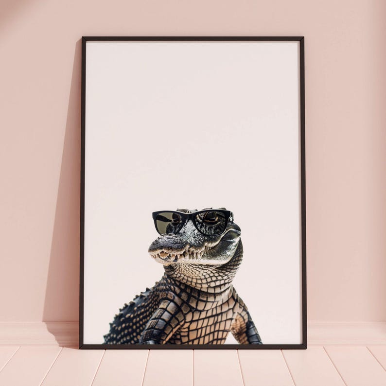 Impresión de cocodrilo con gafas de sol, impresión de cocodrilo, póster de cocodrilo, impresión divertida de cocodrilo, arte de cocodrilo, arte para dormitorio infantil, impresión divertida de animal imagen 3