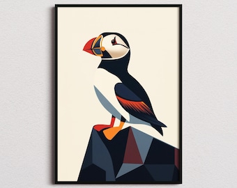 May include: A colorful illustration of a puffin perched on a rocky cliff. The puffin is white with a black head and beak, and orange feet. The cliff is a geometric pattern of blue, gray, and red.
