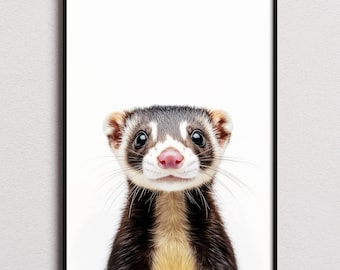 May include: A framed wall art print featuring a portrait of a ferret with dark brown and black fur, a light cream-colored chest, and a pink nose. The ferret is centered against a plain white background, captured from the chest up in a vertical orientation.