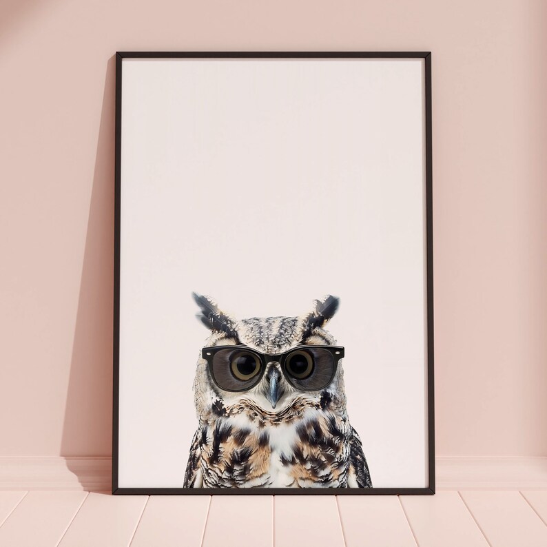 May include: A brown and white owl wearing black sunglasses. The owl is looking directly at the camera. The background is a light pink.