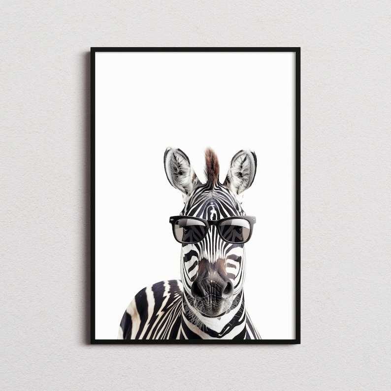 May include: A black and white zebra wearing black sunglasses. The zebra has a black mane and is looking directly at the camera.