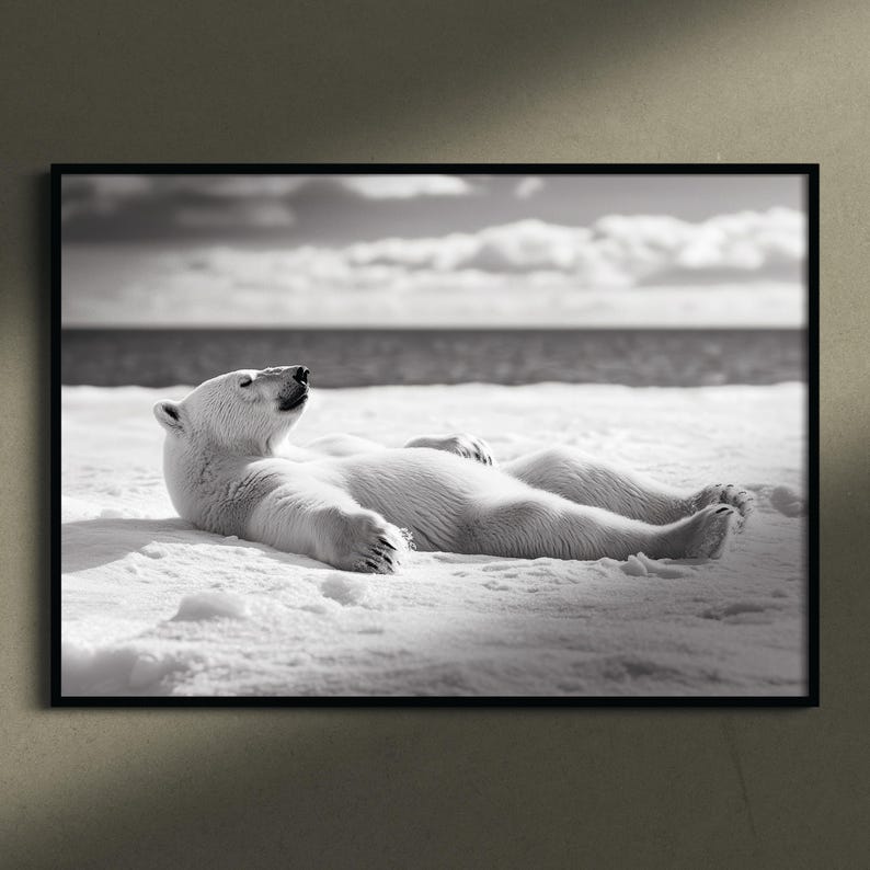 Polar Bear Relaxing Print, Polar Bear Print, Polar Bear Art, Polar Bear Poster, Monochrome Decor, Monochrome Print, Monochrome Art, image 3