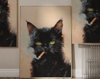 タバコを吸う猫のプリント、ヴィンテージ猫アート、猫の絵画、タバコを