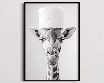 Funny Bathroom Prints, Giraffe With Toilet Roll On Head, Funny Animal Art, Bathroom Prints, Bathroom Art, Giraffe Poster, Giraffe Print