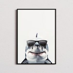 Impresión de tiburón blanco con gafas de sol, impresión de tiburón blanco, póster de tiburón blanco, impresión divertida de tiburón blanco