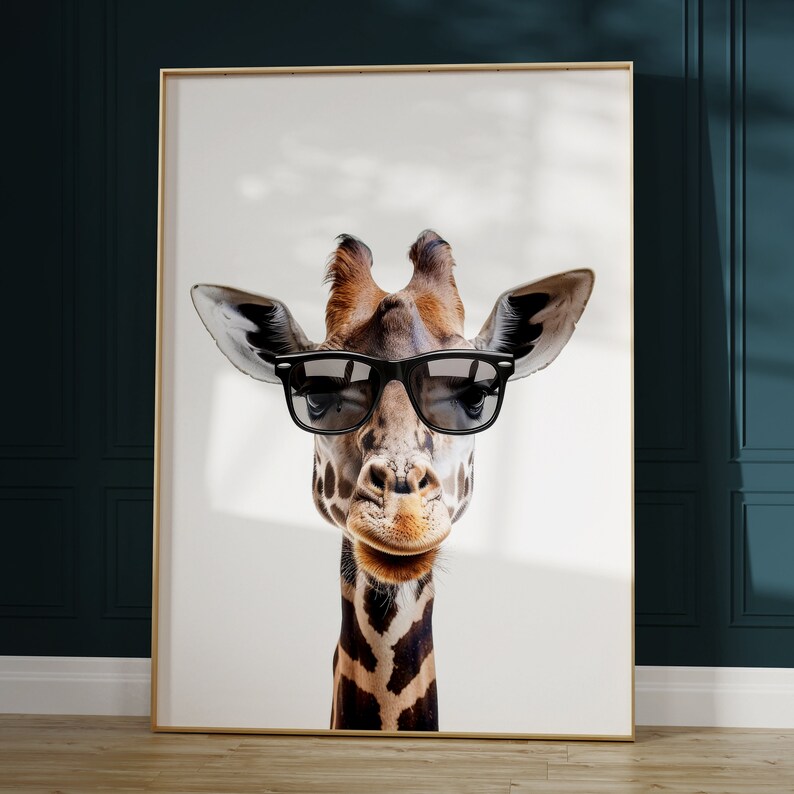 May include: A close-up of a giraffe wearing black sunglasses. The giraffe has a brown and white patterned coat and a long neck. The background is white.