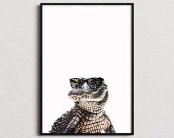 Krokodyl w okularach przeciwsłonecznych, nadruk z krokodylem, plakat z krokodylem, zabawny nadruk z krokodylem, sztuka z krokodylem, sztuka do pokoju dziecięcego, zabawny nadruk ze zwierzętami