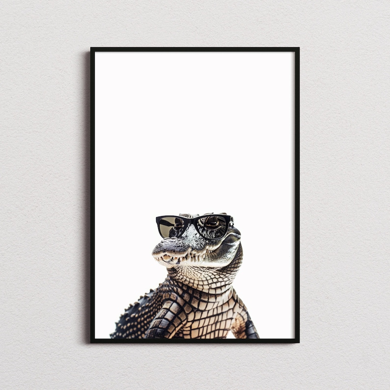 Impresión de cocodrilo con gafas de sol, impresión de cocodrilo, póster de cocodrilo, impresión divertida de cocodrilo, arte de cocodrilo, arte para dormitorio infantil, impresión divertida de animal imagen 1