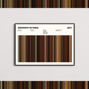 Könnte beinhalten: Ein gerahmtes Filmplakat für Midnight in Paris aus dem Jahr 2011. Der obere Bereich enthält schwarzen Text mit Titel, Regisseur, Drehbuchautor, Besetzung und Kameramann. Darunter befindet sich ein breites horizontales Band aus braunen Streifen.
