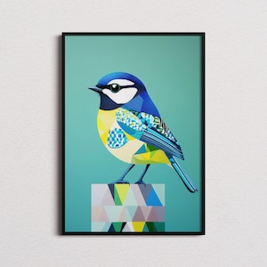 Hermoso estampado geométrico de herrerillo común, impresión de herrerillo común, póster de herrerillo común, arte de herrerillo común, arte de aves, póster de aves, impresiones de aves, regalos para observadores de aves