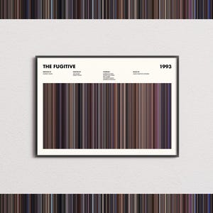Könnte beinhalten: Ein gerahmtes Filmplakat für Auf der Flucht aus dem Jahr 1993. Das Design zeigt einen zentralen Block aus vertikalen Farbstreifen, die die Farbpalette des Films darstellen, mit schwarzem Text über Regisseur, Drehbuchautoren, Besetzung und Musik.
