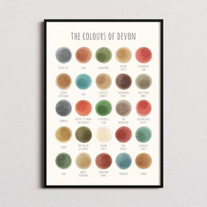 May include: A framed art print titled The Colours of Devon featuring a grid of twenty-five watercolor circles in various shades. Each circle is labeled with a specific name such as River Exe, Crab, Hedgerow, Devon Pasty, Strawberry Jam, and others.