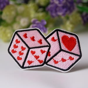 pink heart shape dices patch, iron on patch, embroidered patch, funny patch, cool patch, for vest, for tote bag