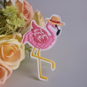 flamingo med stråhattlapp, stryklapp, broderad lapp, rolig lapp, cool lapp