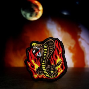 cobra snake patch, flame patch, iron on patch, embroidered patch, funny patch, cool patch, for vest, for tote bag