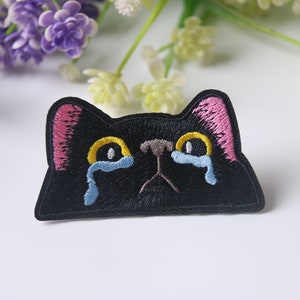 crying black cat patch, iron on patch, embroidered patch, funny patch, cool patch, for vest, for tote bag