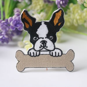 Boston terrier with bone patch, iron on patch, embroidered patch, funny patch, cool patch, for vest, for tote bag
