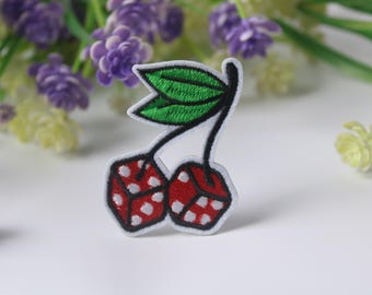 Parche de cerezas con dados rojos, parche de fruta, parche para planchar, parche bordado, parche divertido, parche genial, para chaleco, para bolso de mano