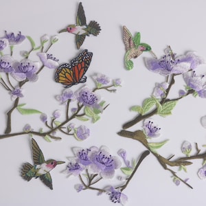a set of 10 Embroidered Iron-On Patches, Hummingbird, Butterfly, purple Cherry Blossom Branch