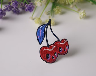 Parche de cerezas rojas con calavera, parche de cereza, parche para planchar, parche bordado, parche divertido, parche genial, para chaleco, para bolso de mano
