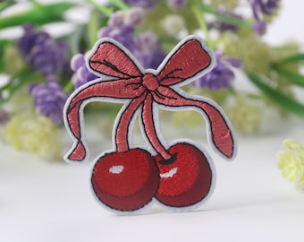 Parche de cereza con lazo, rojo, fruta, parche para planchar, parche bordado, parche divertido, parche genial, para chaleco, para bolso de mano