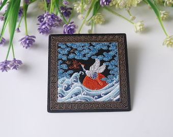 gorgeous crane patch, sea wave patch, Japanese style, iron on patch, embroidered patch, funny patch, cool patch, for vest, for tote bag