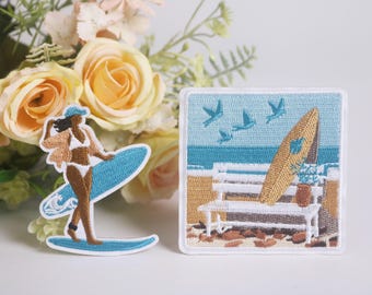 een set van 2 surfpatch, Hawaii-patch, strandpatch, zomer, opstrijkbare patch, geborduurde patch, grappige patch, coole patch