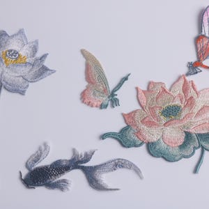 a set of 5 patch, gorgeous lotus patch, goldfish, dragonfly patch, butterfly, iron on patch, embroidered patch, funny patch, cool patch