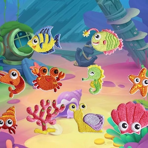 May include: A colorful illustration of various embroidered sea creatures, including a yellow and blue fish, a crab, a seahorse, and a starfish. The image has a cartoon style and is set against an underwater background with a diving helmet.