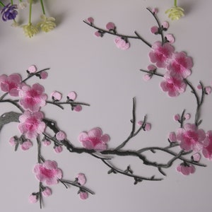 large pink cherry blossom patch, plum blossom patch, iron on patch, embroidered patch, funny patch, cool patch, for vest, for tote bag
