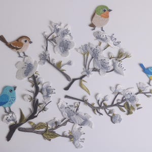 Puede incluir: Parches bordados con pájaros coloridos posados en ramas florecidas. Los parches presentan aves en tonos azules, marrones y verdes, con detalles florales blancos y grises. Diseñados para uso decorativo.