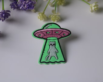 UFO patch, Cat alien patch, iron on patch, embroidered patch, funny patch, cool patch, for vest, for tote bag