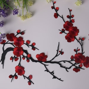 large red black cherry blossom patch, plum blossom patch, iron on patch, embroidered patch, funny patch, cool patch, for vest, for tote bag