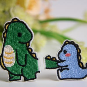 set of 2 cute dinosaur patches, dinosaur lost its tail patch, iron on patch, embroidered patch, funny patch, cool patch