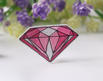 ruby patch, pink diamond patch, iron on patch, embroidered patch, funny patch, cool patch, for vest, for tote bag