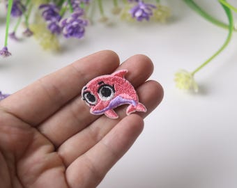 tiny stick on pink dolphin patch, iron on patch, embroidered patch, funny patch, cool patch, for vest, for tote bag