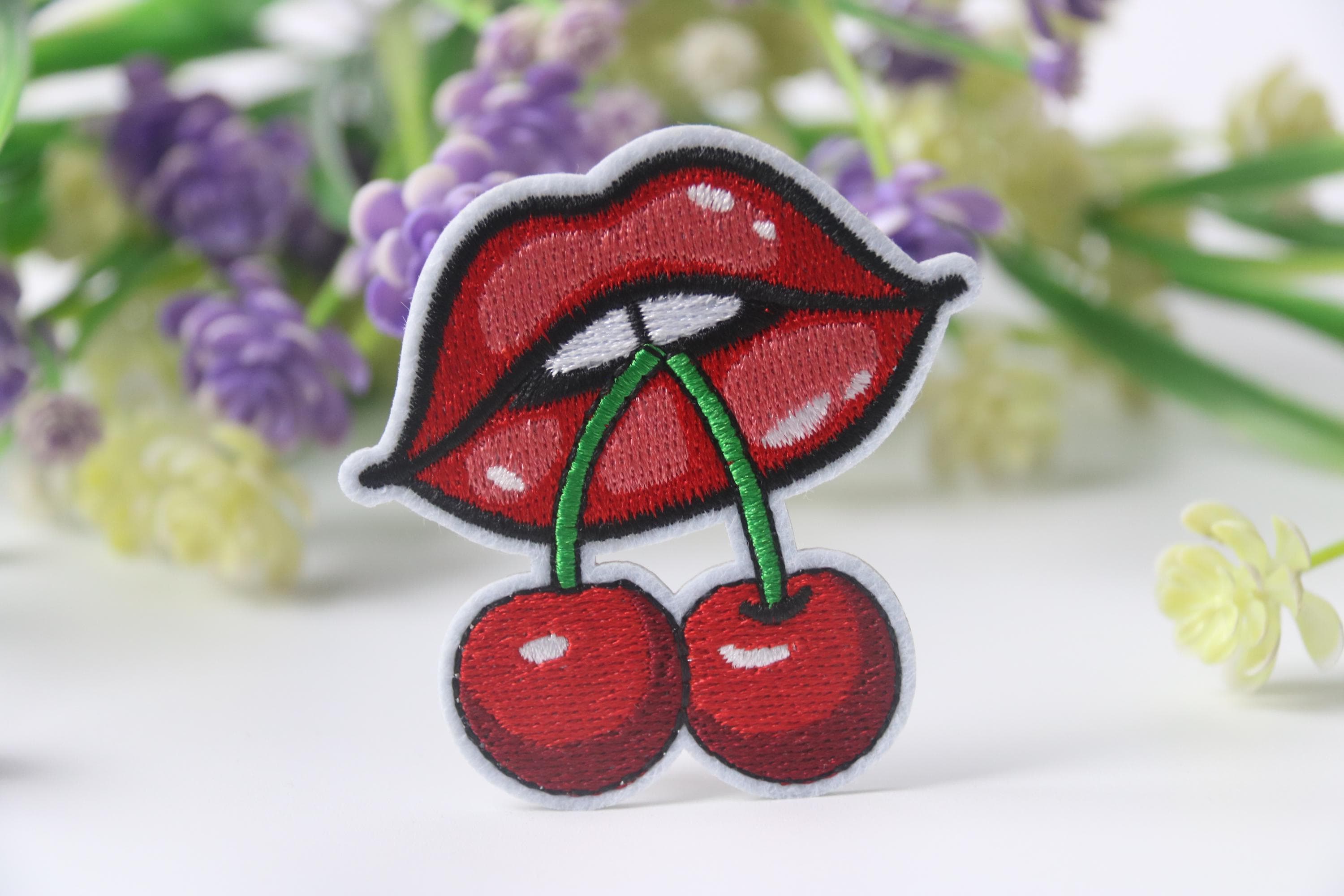 eating cherries patch, red lip, cherry, iron on patch, embroidered patch, funny patch, cool patch, for vest, for tote bag