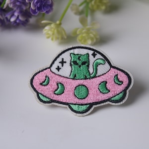UFO patch, cat Alien patch, iron on patch, embroidered patch, funny patch, cool patch, for vest, for tote bag